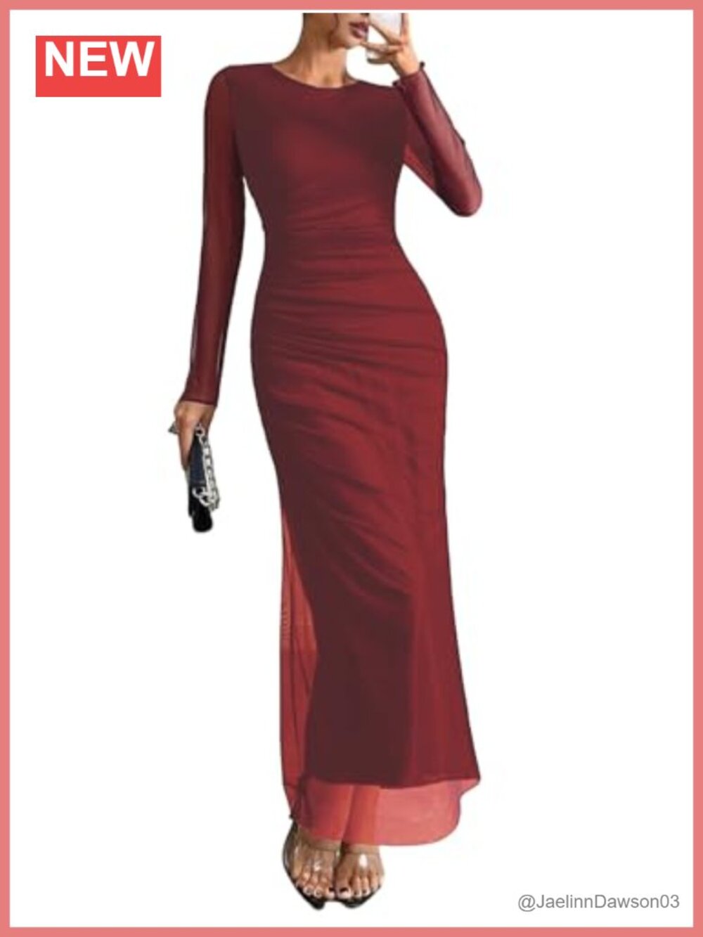Women's Long Sleeve Bodycon Maxi Dress Ruched Mesh Formal Wedding Guest